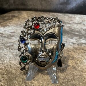 Vintage Silver Face Mack with Colorful Crystals and Curly Hair Pin
